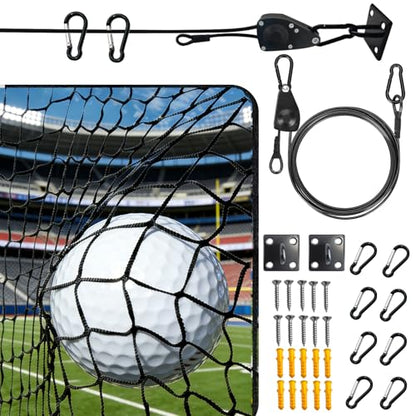 Golf Practice Net with Pre-Assembled Hanging System, 10x10/ 10x15/ 10x20ft Golf Netting for Garage, Self-Locking Pulley & 3/16" PVC Coated Cable, Easy Tension Setup, DIY Sports Netting