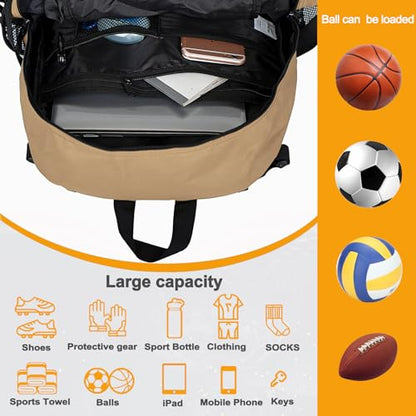Goloni Soccer Backpack,Basketball Backpack with Ball Compartment & Shoe Compartment,Backpack for Basketball,Soccer - color: Khaki