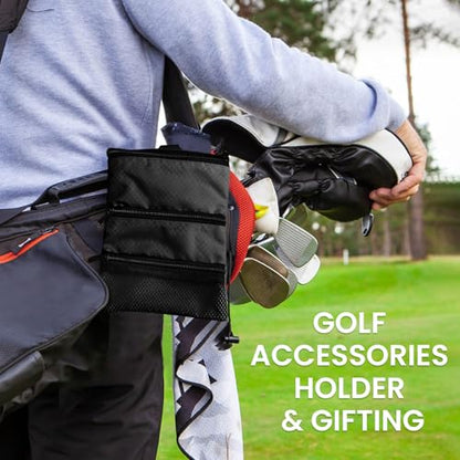 Amy Sport Golf Bag Accessories Valuables Pouch Bags Multi Pocket Zipper Hook with 10 Pcs Wood Golf Tees for Men Women - color: Black