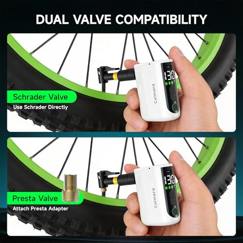 MY20 Electric Bike Pump with Gauge, 130 PSI Fast Inflate, Mini Bicycle Pump with Presta & Schrader Valve, Auto Stop, Portable Rechargeable Air Pump for Road Bike, Mountain Bike, E-Bike - color: White