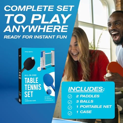PRO-SPIN Portable Ping Pong Set with Retractable Ping Pong Net for Any Table, All-in-One Table Tennis Set with Ping Pong Paddles, Balls & Case, Table Top Family Game - color: 2-Player Ultra-Comfort Set | Blue/Black