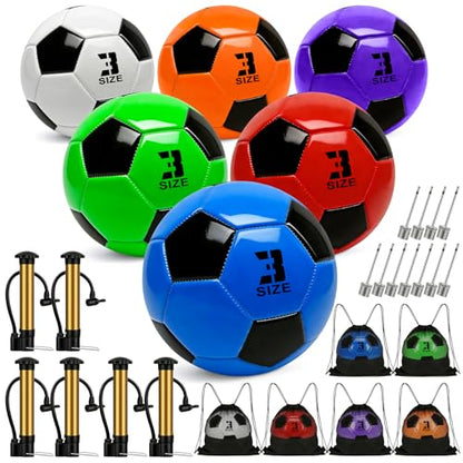 6 Pack Soccer Balls Size 5/4/3 Deflated Includes Soccer Ball with Pump and Net Bag, Pelota De Futbol Training Practice Sphere Competition for Indoor Outdoor