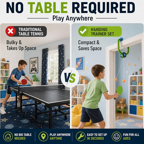 Hanging Table Tennis Trainer Portable Set, 1 Pcs Trainer 6 Balls Door Pong Game for Kids with Racket and Balls, Adjustable Hanging Table Tennis Trainer