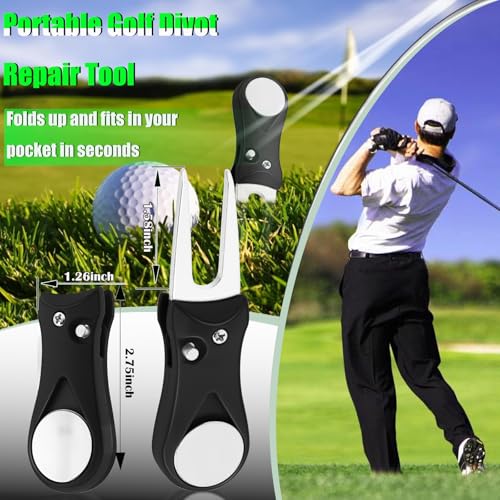 Foldable Golf Divot Tool, 2 Pack Stainless Steel Repair Tool with Pop-up Button and Magnetic Ball Marker for Men Women Golfer (Black)
