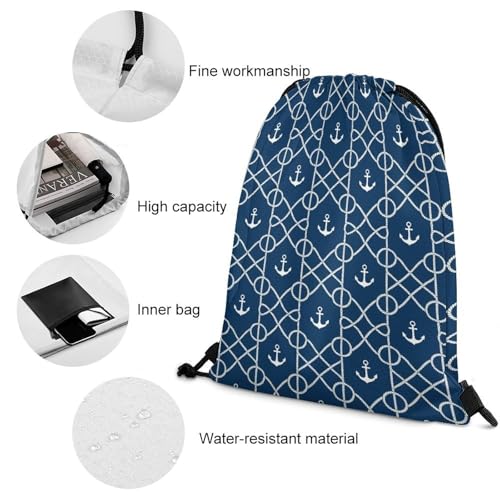 Large Capacity Beam Backpack Drawstring Sack for Basketball Sports Gear Travel Storage Men Women Unisex, Nautical Anchor Chevron Net Navy Bags