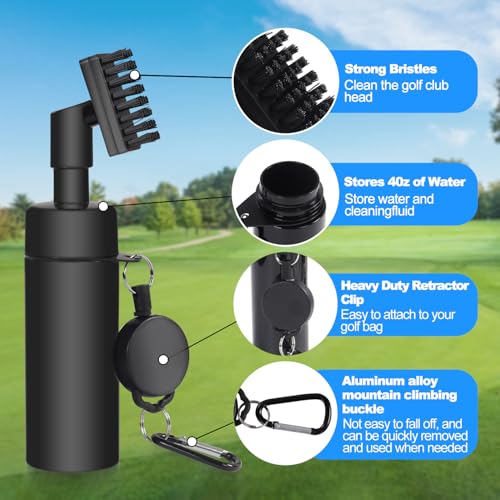 Golf Club Brush Cleaner with Water Bottle 7.5 Inches Holds 4 Ounces of Water - 2 Pack Pro Golf Club Cleaner Brush with Heavy Duty Retractable Clip - Golf Accessories