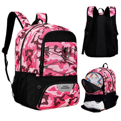 Hsmihair Youth Soccer Bag-Soccer Backpack&Backpack for Football Basketball,with Ball Compartment Separate Cleat Package - color: CamoPink