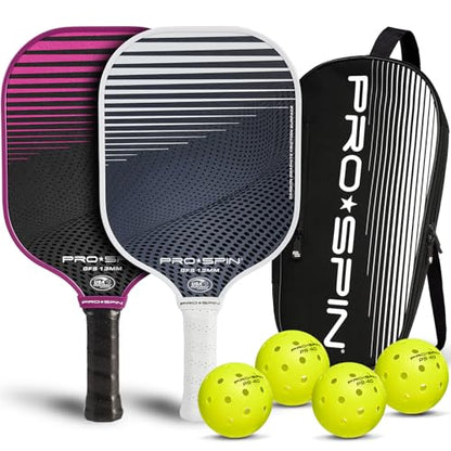 PRO-SPIN Carbon Fiber Pickleball Paddles Set of 2 | Lightweight Pickleball Set with Indoor/Outdoor Balls and Bag – Durable Pickle Ball Paddle Gift for Men, Women & Families - color: 2-Player Set | Pink/White