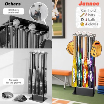 Baseball Bat Holder Stand, Free Standing Bat Rack for 8 Bats & 5 Balls, No Drill Softball Bat Organizer with 4 Hooks for Gloves, Sturdy Metal Display Stand for Home Team Dugout, Black