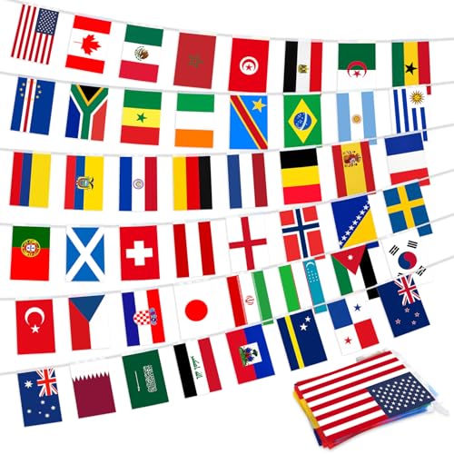 48 Countries Flag Banner, 50ft String with 48 National Flags International Bunting for Soccer Party Decorations, Football Supplies, Global Sports Bunting