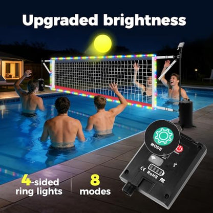 Pool Volleyball Net Set with Solar LED Lights, Adjustable 15-32ft Water Volleyball Net for Inground Pools with Glow Ball, Pump & Weighted Bases, Outdoor Pool Games for Kids Adults Family