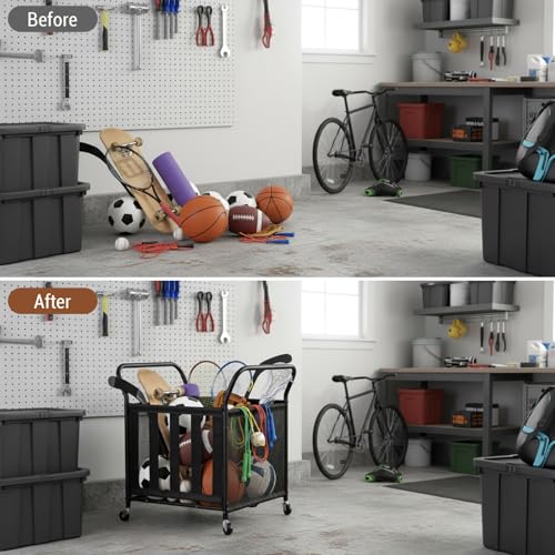 MyGift Mesh Fabric Multi Sports Ball Storage Rolling Cart with Matte Black Metal Frame, and Angled Handles, Garage, Gym or Playground Basketball, Soccer Ball Cage Equipment Basket with Caster Wheels