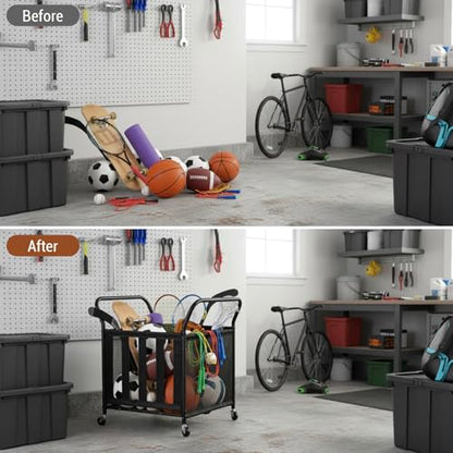 MyGift Mesh Fabric Multi Sports Ball Storage Rolling Cart with Matte Black Metal Frame, and Angled Handles, Garage, Gym or Playground Basketball, Soccer Ball Cage Equipment Basket with Caster Wheels