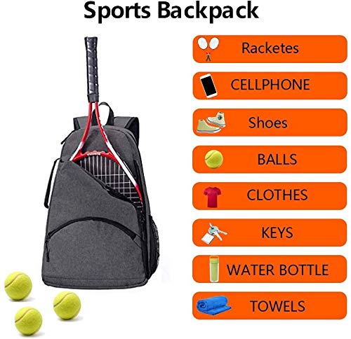 QCWN 2 Raquet Tennis Bag,Tennis Bags For Men Women,Tennis Backpack,Durable Tennis Bookbag,Tennis Pickleball Bag,Tennis Bag Waterproof,Raquet Carrier for Balls, Pickleball Paddles, Badminton Rackets - color: Dark Grey