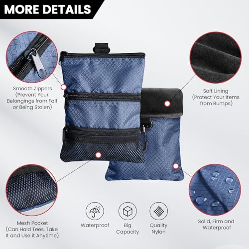 FINGER TEN Golf Pouch Bag for Valuables Tee Color with 4 Golf Pencil Pack, Zippered Pocket Gear Clip Hook to Bag - color: Blue Pouch Bag