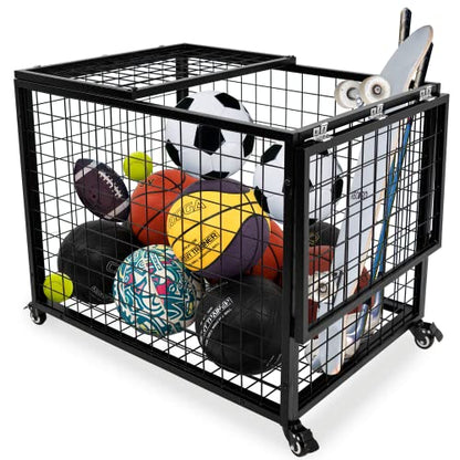 rehomerance Ball Cart Garage Sports Equipment Basketball Organizer with Lockable Lid, Basketball Storage Bin for Indoor Outdoor, Rolling Exercise Ball Holder for Gym, School, Club