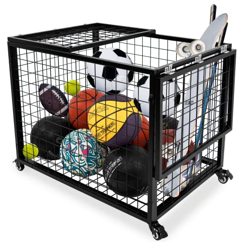 rehomerance Ball Cart Garage Sports Equipment Basketball Organizer with Lockable Lid, Basketball Storage Bin for Indoor Outdoor, Rolling Exercise Ball Holder for Gym, School, Club