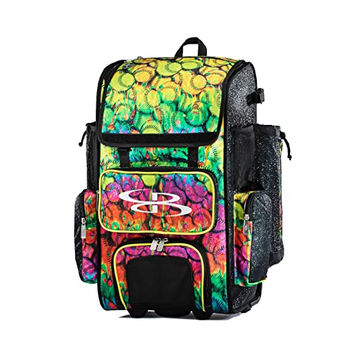 Boombah Rolling Superpack 2.0 Baseball/Softball Gear Bag - 23-1/2" x 13-1/2" x 9-1/2" - Telescopic Handle - Holds 4 Bats - Wheeled Version - Neon Ballpark Glitter Multi