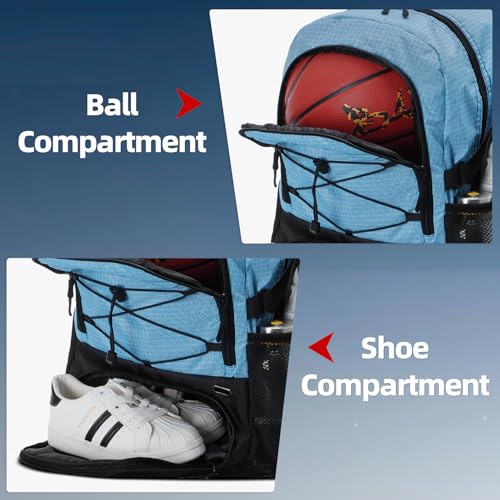 HUA ANGEL Basketball Backpack, Large Sports Bag with Separate Ball Holder & Shoe Compartment, Men/Women Gym Backpack for Basketball Soccer Volleyball - color: Blue