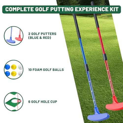 Mini Putting Set, Build Your Own Course at Home, the Office or On the Green, Includes 6 Pack Golf Putting Cups with Flags, 2 Pack Mini Golf Clubs and 10 Pack Foam Golf Balls