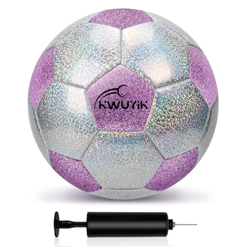 Soccer Ball Size 3 4 5 Glitter Pink Purple Black Silver with Pump Toddler Soccer Ball for Kids Aged 3-6 6-8 8-12 Outdoor Training Ball for Girls Boys Children Youth Teens - color: Purple & Silver Spliced, size: 4