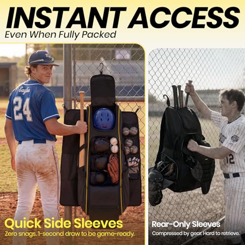 100L Rolling Catchers Gear Bag - Large Baseball & Softball Duffle with 5 Fence Hooks, Locker-Style Organizer, Holds 8 Bats, Vented Shoe Zone - Essential Pro Edition - color: Prime Black