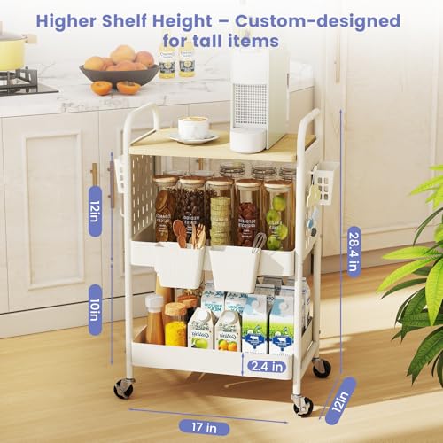 danpinera 3 Tier Rolling Cart with Wooden Table Top, White Rolling Utility Cart with DIY Pegboards & Locked Wheels, Easy Assembly for Nursery, Living Room, Studio - color: White, size: without drawer