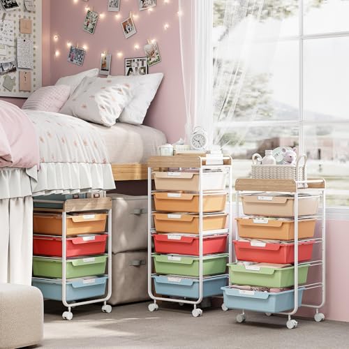 SYKIARIOL Rolling Cart with 6 Drawers,Utility Storage Cart with Drawers,Art Craft Organizers and Storage,Makeup Organizer with Wooden Tabletop,Rainbow