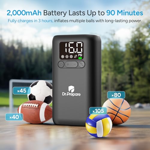 Dr.Prepare Electric Ball Pump Inflation,Basketball Air Pump with Pressure Display,16PSI,Auto-Off,LED Light,for Balls,Swim Ring,DP Camping Shower Bag,with 2 Inflation Needles,1 Adapter,1 Charging Cable