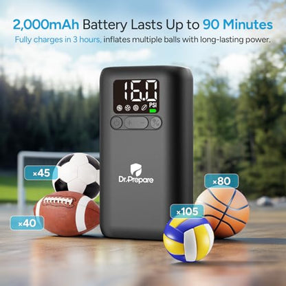 Dr.Prepare Electric Ball Pump Inflation,Basketball Air Pump with Pressure Display,16PSI,Auto-Off,LED Light,for Balls,Swim Ring,DP Camping Shower Bag,with 2 Inflation Needles,1 Adapter,1 Charging Cable