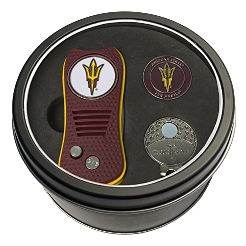 Team Golf NCAA Arizona State Sun Devils Tin Gift Set with Retractable Divot Tool, Cap Clip, and Ball Marker Gift Set Retractable Divot Tool, Cap Clip, & 2 Double-Sided Enamel Ball Markers, Patented Design, Less Damage to Greens, Retractable Mechanism