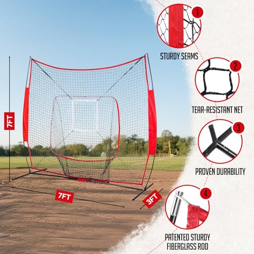 7' x 7' Baseball Net Set with Travel Tee, 3 Weighted Balls & Strike Zone for Hitting, Pitching, Batting & Fielding Training | Collapsible Portable Training Net for Indoor & Outdoor