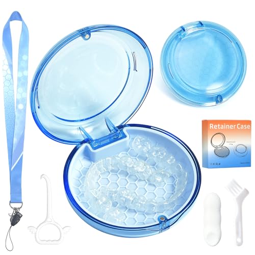 Retainer Case Slim Aligner Case with Vent Holes Cute Dental Brace Box with Retainer Removal Tool and Brush Compatible with Night Guard and Mouth Guard (Clear Blue with Lanyard)