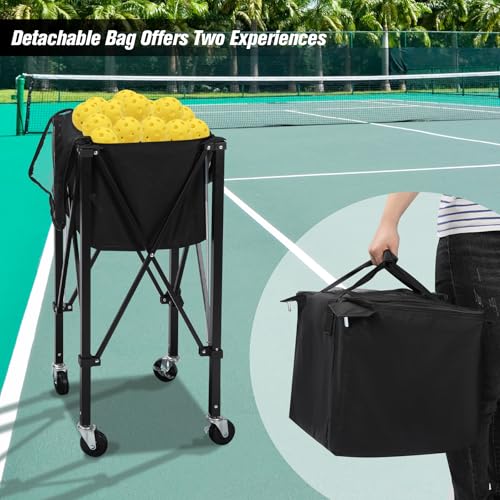 Portable Tennis Ball Hopper Holds 180 Balls, Tennis Ball Basket Cart with 4 Wheels & Brakes, Detachable Oxford Fabric Bag for Tennis and Pickleball Training, Black - color: Black Iron