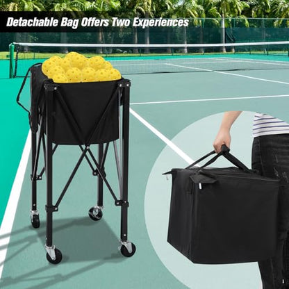 Portable Tennis Ball Hopper Holds 180 Balls, Tennis Ball Basket Cart with 4 Wheels & Brakes, Detachable Oxford Fabric Bag for Tennis and Pickleball Training, Black - color: Black Iron