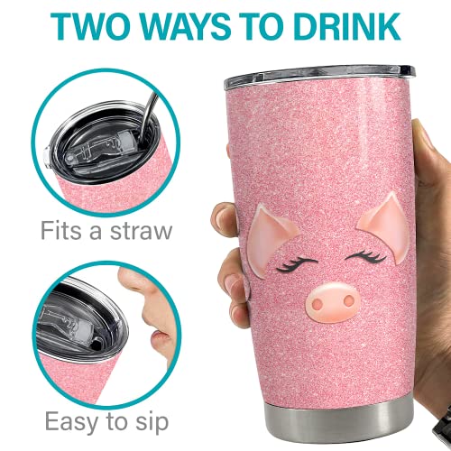 SANDJEST Pig Tumbler Glitter 20oz Tumblers with Lid Gift for Women Girl Daughter Sister Animal Lovers Christmas Birthday - color: Pink