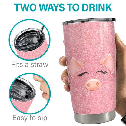 SANDJEST Pig Tumbler Glitter 20oz Tumblers with Lid Gift for Women Girl Daughter Sister Animal Lovers Christmas Birthday - color: Pink