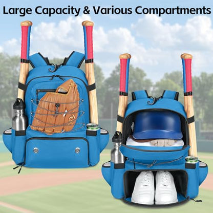 MATEIN Baseball Bat Bag for 4 Bats with Ball Pocket, Lightweight Youth Baseball Backpack with Shoe Compartment, Large Capacity Softball Equipment Bag with Fence Hook for TBall Gear, Helmet, Glove - color: Blue