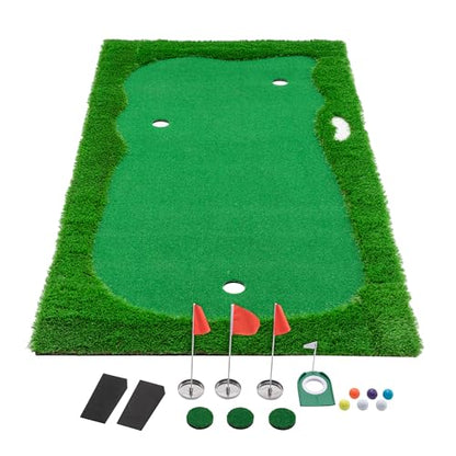 Premium Golf Putting Green Mat for Indoor & Outdoor, 3 Holes with Flags, Realistic Turf & Non-Slip Base, Practice Putting Mat with 6 Balls & Slope Pads - size: 9'10" x 4'11" (L x W)
