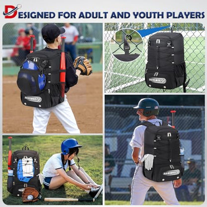 RAINSMORE Baseball Bag for Youth & Adult Lightweight Softball Bat Bag with Shoe Compartment, External Helmet Holder and Fence Hook Waterproof Baseball Backpack Hold T-Ball, Bat and Softball Equipment - color: Black
