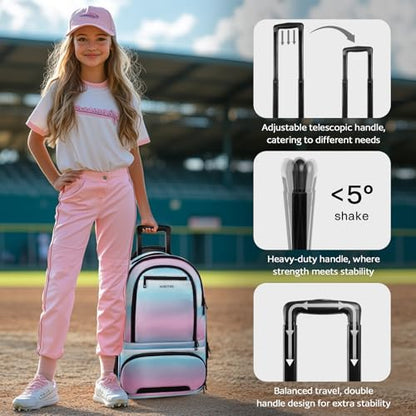 AUROTIER Rolling Baseball Backpack with Off-road Wheels, Wheeled Catchers Gear Bag for Baseball Equipment, 4 Bats, Large Softball Bag for TBall, Helmet & Accessories with Fence Hook - color: Blue-pink