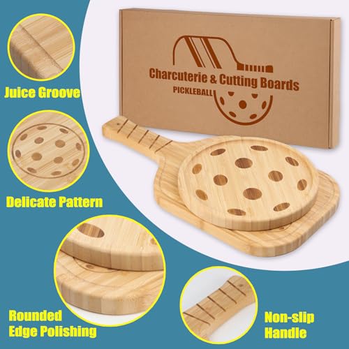Pickleball Charcuterie Board Set – Bamboo Cheese & Cutting Board | 17" Paddle Board with Handle + 8.5″ Round Plate – Perfect Gifts for Pickleball Fans & Club Gatherings