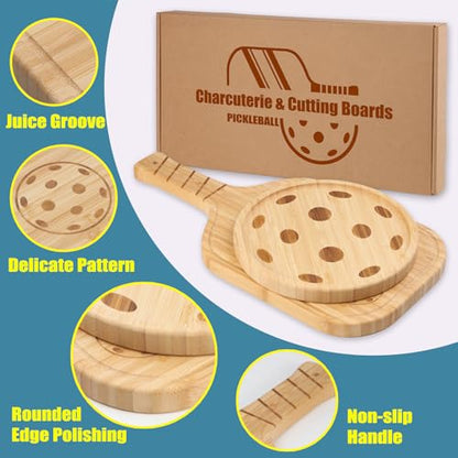 Pickleball Charcuterie Board Set – Bamboo Cheese & Cutting Board | 17" Paddle Board with Handle + 8.5″ Round Plate – Perfect Gifts for Pickleball Fans & Club Gatherings
