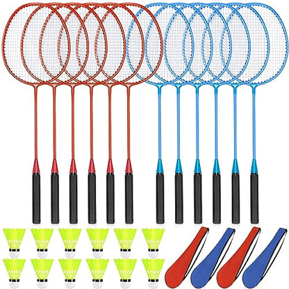 12 Pack Badminton Rackets Set Including Badminton Racquets, Nylon Shuttlecocks and Carry Bag for Outdoor Backyard Games Beginners - color: Red, Blue