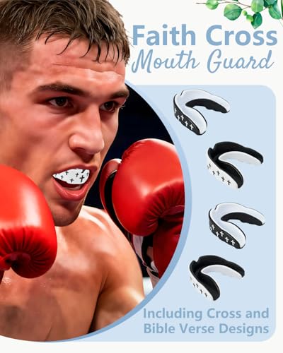 Piemow 4 Pcs Mouth Guard - Faith Cross Mouthguard with Case, Religious Adult Mouth Guards Braces for Football Boxing Basketball Lacrosse Hockey and All Contact Sports - color: Cross