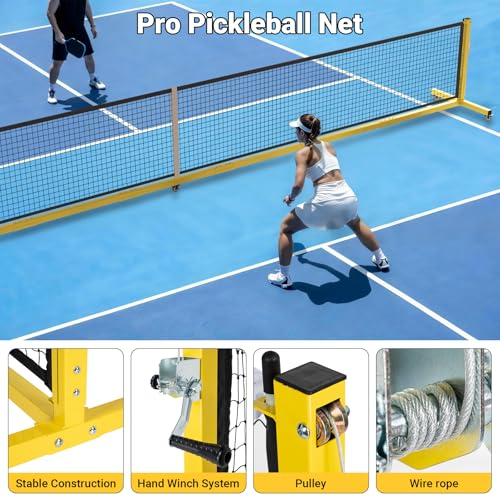 Pro Pickleball Net - 22ft Tournament-Grade, Heavy Duty Steel Frame, 30-ply Sturdy Net, Hand Winch System, Universal Wheels, 600D Carrying Bag, Perfect for Indoor & Outdoor Use, Black/Yellow