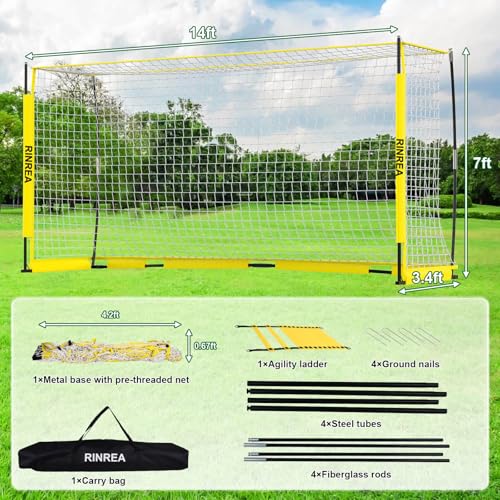 RINREA Portable Soccer Goal, Collapsible Soccer Goal Net Metal Base, Quick Setup Soccer Training Equipment with 1 Carry Bag, 1 Agility Ladder, 4 Ground Nails - color: 14×7ft Yellow