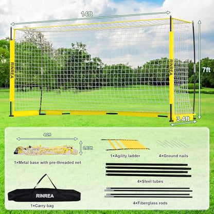 RINREA Portable Soccer Goal, Collapsible Soccer Goal Net Metal Base, Quick Setup Soccer Training Equipment with 1 Carry Bag, 1 Agility Ladder, 4 Ground Nails - color: 14×7ft Yellow