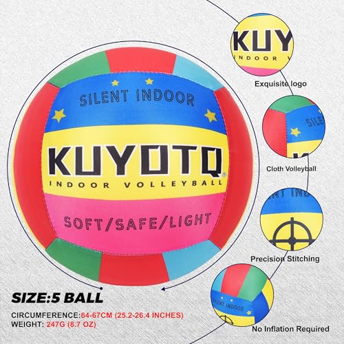 KUYOTQ Soft Silent Indoor Volleyball - Rainbow No-Deflate Durable Foam Indoor Volleyball Soft on Arms, Safe for Home Training Practice Games Foam Silent Volley Ball (Size 5)