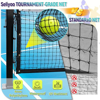 Seliyoo Professional Pickleball Net System for Tournament Courts -22FT Regulation Heavy Duty Carbon Steel Posts with Premium Cast Brass Winder,Handle,Pulley - Indoor/Outdoor Surface Mount - color: Dark Black